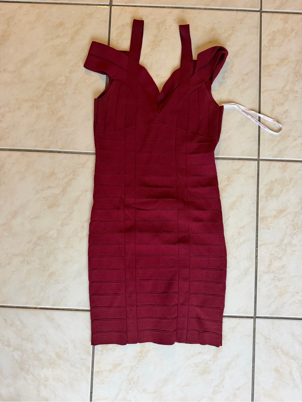 GUESS Burgundy Bandage Bodycon Dress with V-Neck